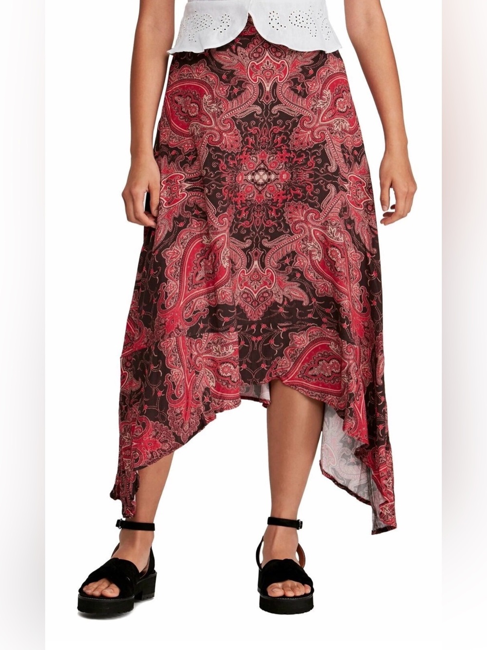 Free People “At the Shore” Plum Paisley Midi Skirt Size 8